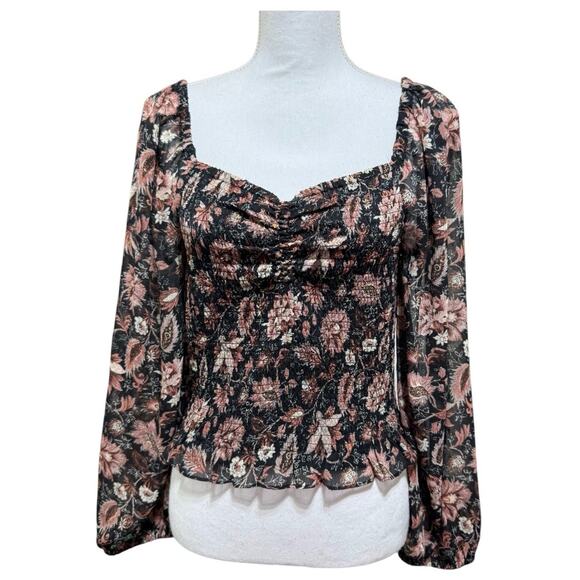 Madewell Lucie Floral Smocked Top Sheer Sleeves Crop Size L NWT - Picture 1 of 11